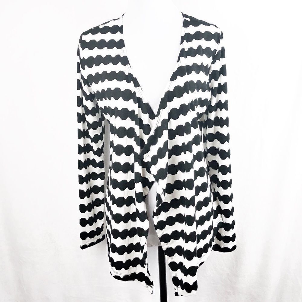 Karen Brooks Cardigan Waterfall Open Front Black White Striped Long Sleeve Small